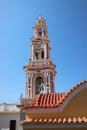 The monastery Panormitis is a large Venetian styled building with one of the highest baroque bell-towers in the world