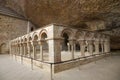 The Monastery of San Juan de la Pena, Jaca, in Jaca, Huesca, Spain, carved from stone under a great cliff. It was originally buil