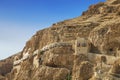 The monastery of Temptation on the mountain Karantal, Jericho, Judean desert. This place is know as hill where Jesus was tempted b Royalty Free Stock Photo