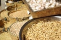 Monastir, Tunisia, Africa - August, 2012: Market stalls with spices and nuts in baskets in the medina of Monastir Royalty Free Stock Photo