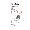 Bull Terrier dog drinking coffee and thinking Monday again. cartoon