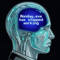 Monday blues concept. Cyborg brain with a funny 'Monday.exe has stopped working' error message. Vector illustration. Royalty Free Stock Photo
