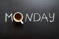 Monday inscription and cup of coffee on the blackboard