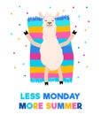 Less monday more summer colorful card with sunbathing llama on a towel or rug. Motivational summer travel print. Vector