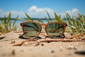 Less monday more summer with sunglasses on the sand, summer landscape image