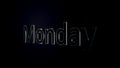 Monday text word gliding on black, glossy background, 3D animation. Silver, 3D text animation of word monday