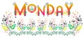 Monday vector. Weekday wordart label. Day of the week. Banner title. Month calendar element. Flourish text sticker. Ethnic aztec.