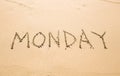 Monday - written in sand on beach texture, days week series Royalty Free Stock Photo