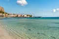 View of Mondello beach with establishment Charleston on the sea in Palermo. Royalty Free Stock Photo