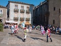MONDONEDO, SPAIN - AUGUST 14, 2022: Performance with banners at the medieval fair at the cathedral of the old town Mondonedo,Lugo,