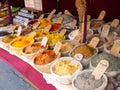 MONDONEDO, SPAIN - AUGUST 14, 2022: Spices and condiments with spanish labels at the medieval fair counter in the old town