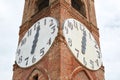 Belvedere ancient clock tower, clock detail in a summer day in Mondovi, Italy