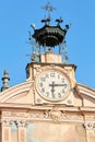 Mondovi, Saint Peter and Paul church clock and bell tower with automaton in a sunny day in Italy Royalty Free Stock Photo