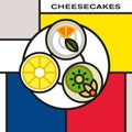 Three mini fruit cheesecakes on saucer. Pineapple cheesecake. Orange mint cheesecake with whipped cream. Kiwi cheesecake.
