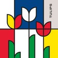 Bouquet of three colorful tulips. Modern style art with rectangular shapes.