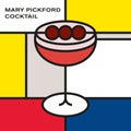 Mary Pickford cocktail in champagne coupe, garnish with maraschino cherry. Modern style art with rectangular color blocks.