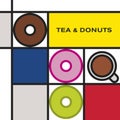 Three multicolor glaze decorated donuts with tea cup. Modern style art with rectangular colour blocks.