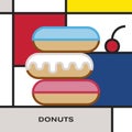 Three multicolor glazed donuts with cherry berry. Modern style art with rectangular colour blocks.