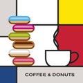 Coffee cup with smoke and six multicolor glazed donuts. Modern style art with rectangular colour blocks. Royalty Free Stock Photo