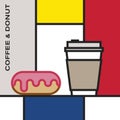 Dripping glaze donut with disposable cup coffee. Modern style art with rectangular colour blocks.