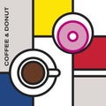 Coffee cup with glazed pink donut on saucers. Modern style art with rectangular colour blocks. Royalty Free Stock Photo