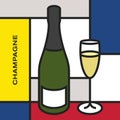 Champagne bottle with champagne glass. Modern style art with rectangular shapes.