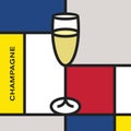 Champagne glass with champagne. Modern style art with rectangular shapes.