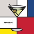 Cocktail glass with Martini cocktail. Modern style art with rectangular colour blocks. Cocktail with olive fruit.