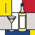 Martini bottle with cocktail glass. Modern style art with rectangular colour blocks.