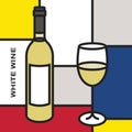 White wine bottle with white wine glass. Modern style art with rectangular shapes. Royalty Free Stock Photo