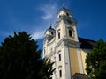 Mondsee/Austria - june 2 2019: view of the towers of basilika of St Michael in the austrian alps