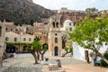 Monemvasia Town Main Square with Belfry and Church. Beautiful View of Bell Tower, Traditional Houses and Medieval Castle Walls