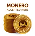 Monero. Accepted sign emblem. Crypto currency. Stack of golden coins with Monero symbol isolated on white background. 3D isometric