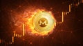 Monero coin in fire with bull stock chart.