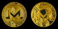 Monero crypto coin isolated on black background, both side on golden cryptocurrency coin, close-up view