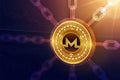 Monero. Crypto currency. Block chain. 3D isometric Physical Monero coin with wireframe chain. Blockchain concept. Editable Cryptoc