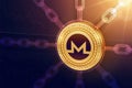 Monero. Crypto currency. Block chain. 3D isometric Physical Monero coin with wireframe chain. Blockchain concept. Editable Cryptoc