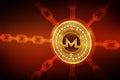 Monero. Crypto currency. Block chain. 3D isometric Physical Monero coin with wireframe chain. Blockchain concept. Editable Cryptoc