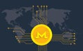 Monero cryptocurrency brand icon option with golden coin and electronic point with world map background