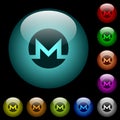 Monero digital cryptocurrency icons in color illuminated glass buttons