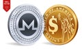 Monero. Dollar coin. 3D isometric Physical coins. Digital currency. Cryptocurrency. Golden and silver coins with Monero and Dollar