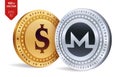 Monero. Dollar coin. 3D isometric Physical coins. Digital currency. Cryptocurrency. Golden and silver coins with Monero and Dollar