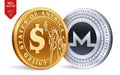 Monero. Dollar coin. 3D isometric Physical coins. Digital currency. Cryptocurrency. Golden and silver coins with Monero and Dollar