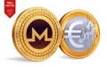 Monero. Euro coin. 3D isometric Physical coins. Digital currency. Cryptocurrency. Golden coins with Monero and Euro symbol isolate