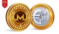 Monero. Euro. 3D isometric Physical coins. Digital currency. Cryptocurrency. Golden coins with Monero and Euro symbol isolated on