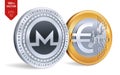 Monero. Euro. 3D isometric Physical coins. Digital currency. Cryptocurrency. Golden and silver coins with Monero and Euro symbol i