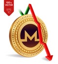 Monero. Fall. Red arrow down. Monero index rating go down on exchange market. Crypto currency. 3D isometric Physical Golden coin i