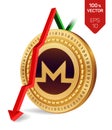 Monero. Fall. Red arrow down. Monero index rating go down on exchange market. Crypto currency. 3D isometric Physical Golden coin i