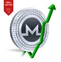 Monero. Growth. Green arrow up. Monero index rating go up on exchange market. Crypto currency. 3D isometric Physical Silver coin i