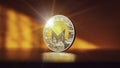 Monero icon. Gold Crypto currency BTC Bitcoin on black background. Golden Bit Coin virtual cryptocurrency or blockchain